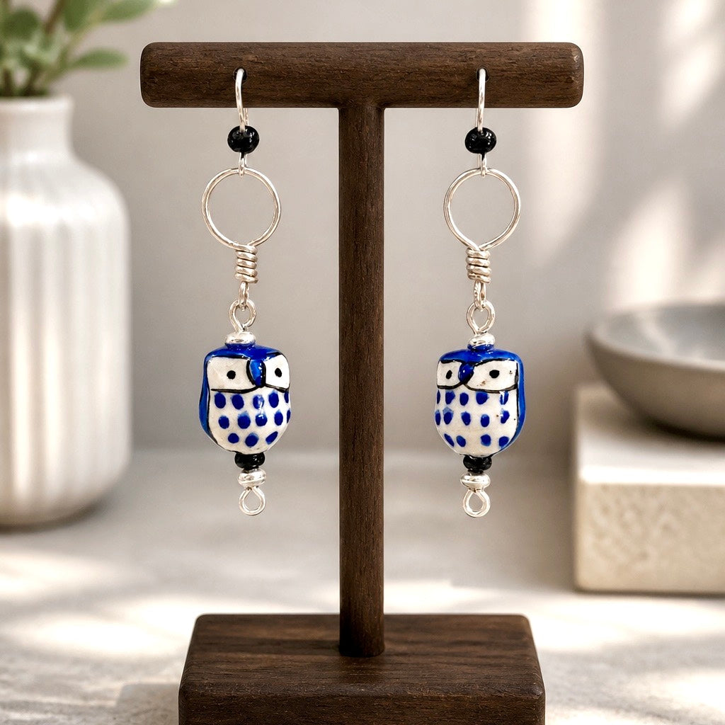 Dark Blue Whimsical Owl Earring | 2.5”