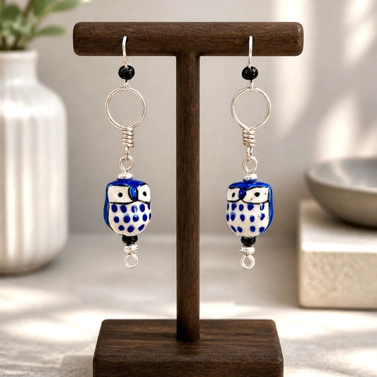 Dark Blue Whimsical Owl Earring | 2.5”