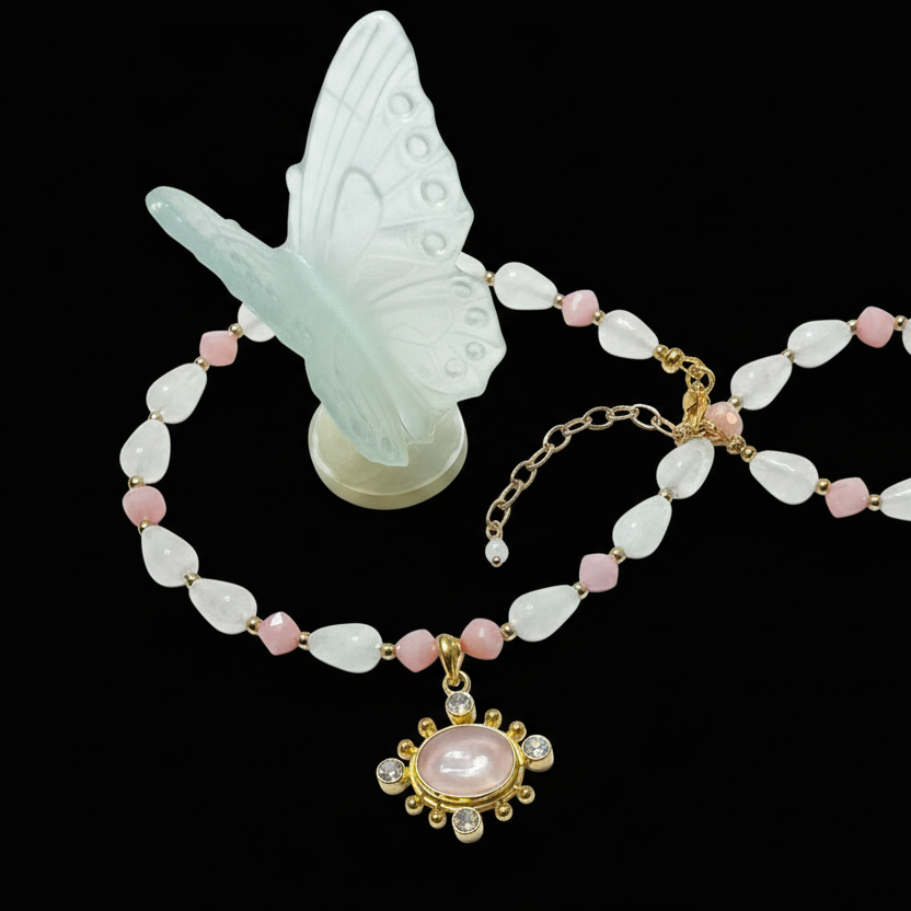 Pink and White Moonstone Necklace with Pink Chalcedony and Opal Pendant 16” with 2” Extension