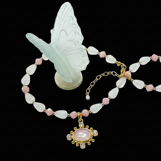 Pink and White Moonstone Necklace with Pink Chalcedony and Opal Pendant 16” with 2” Extension