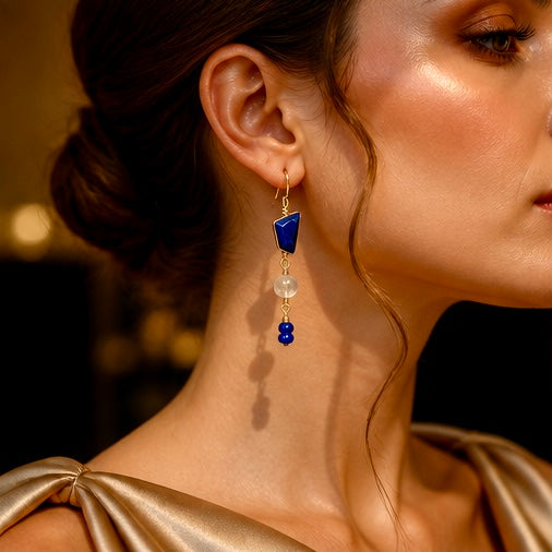 Earrings | 3 Tiered | Lapis | Moonstone | Cobalt Blue Glass| 18K Gold-Plated | 2”