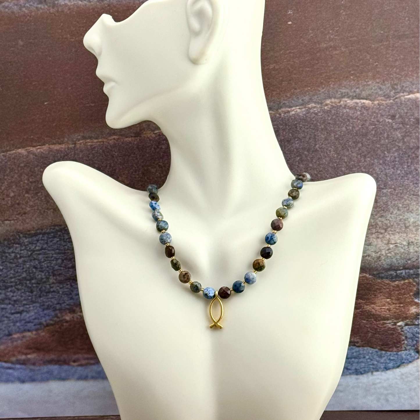 Fire Opal Gemstone Necklace with Christian Fish pendant 15” Ext 2”