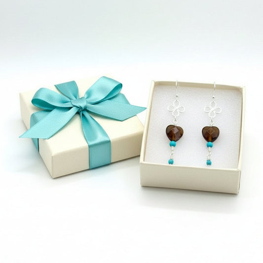 Earrings | Wire-wrapped Clover | Smokey Topaz Heart  | Czech Glass Beads | Turquoise Bead  | 3"
