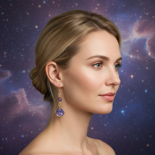 Earrings | Amythest | Enamel Moon Charm | 2"