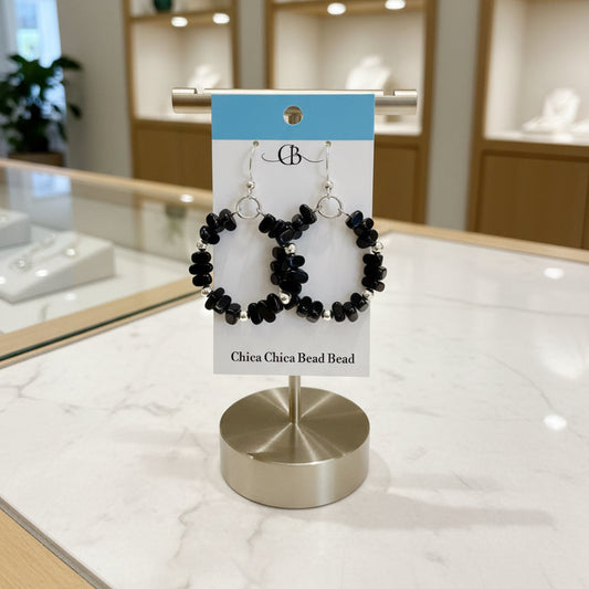 Earrings | Hoops | Black Onyx Chips | Silver-plated Discs | 2"