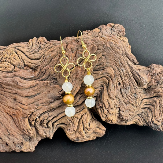 Quartz , Bronze Freshwater Pearls, and Gold Dangle Earrings 2.5"