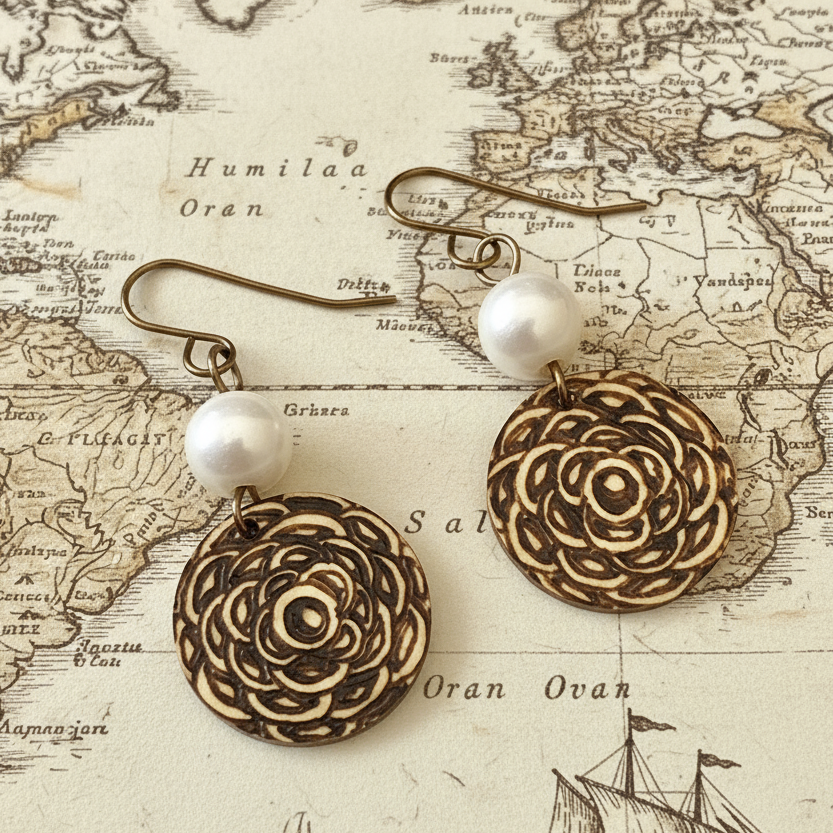 Earrings | Zentangles | Round Shape | Zentangle Design | Wood-burned | Freshwater Pearls | 1.5"