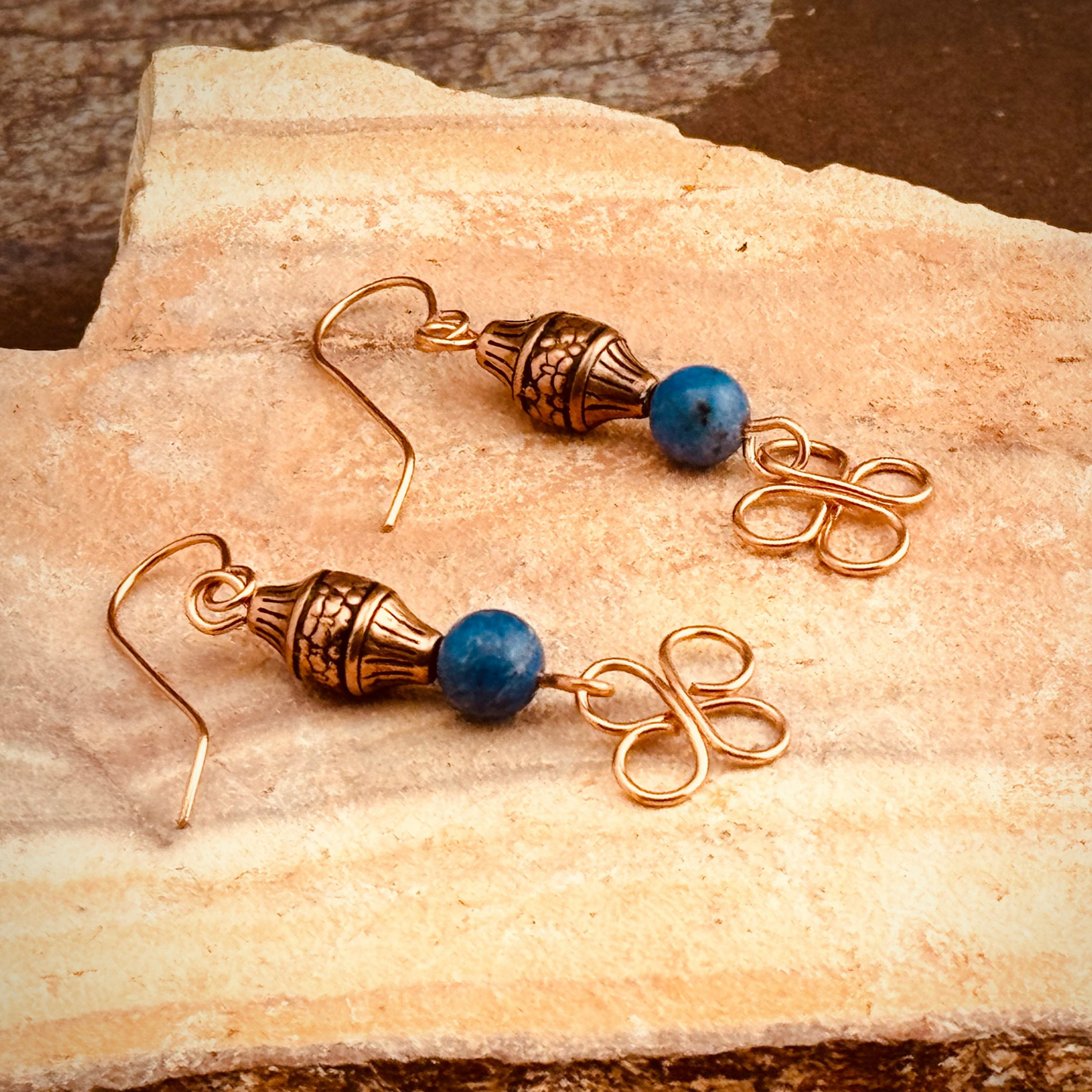 Earrings : Sodalite Gemstones |  Wire-Wrapped Clover Designs | Copper-plated Decorative Beads | 2.5"
