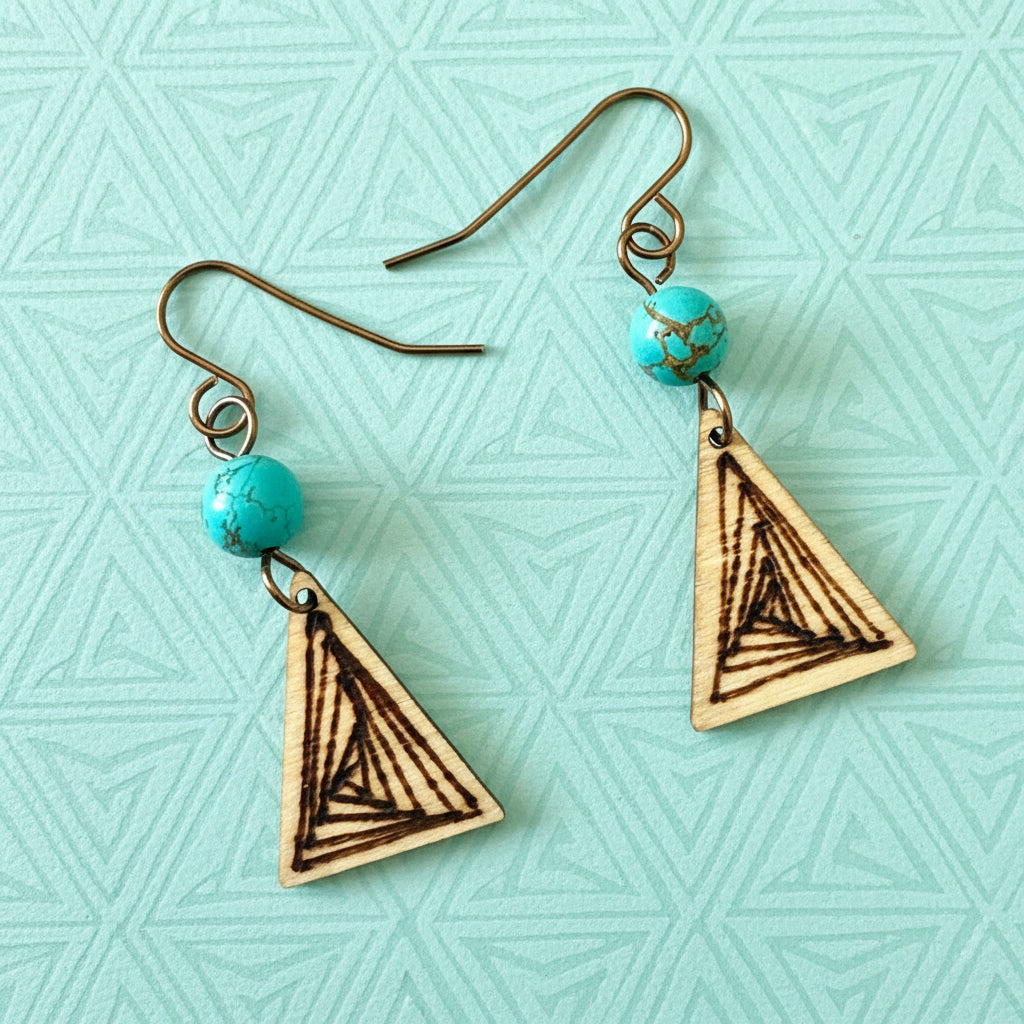 Earrings | Zentangles | Triangle-shapes | Magnesite Turquoise Gemstones | Small Size | 1.5"