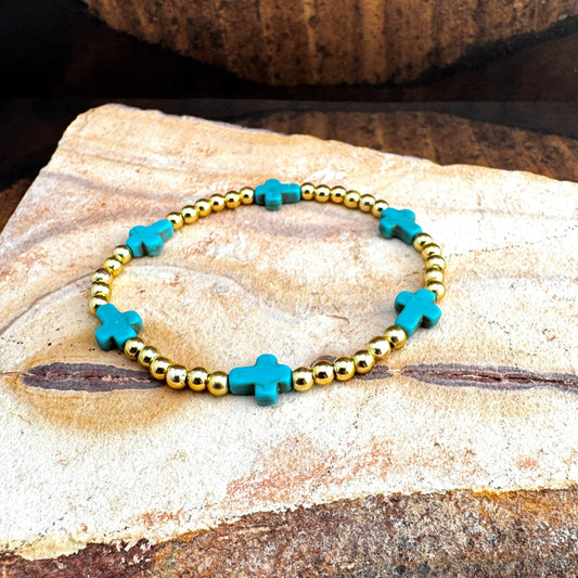 Dainty Gold Beads with Turquoise Magnetite Crosses  7.5"