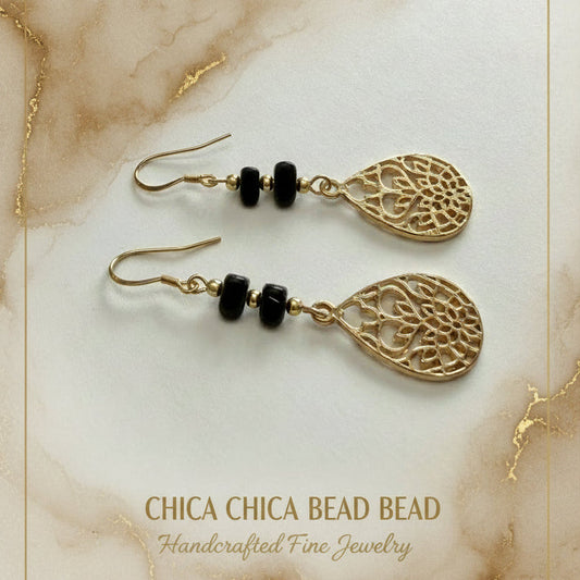 Earrings | Black Onyx | Gold Metal Filagree Teardrop | 2.5"