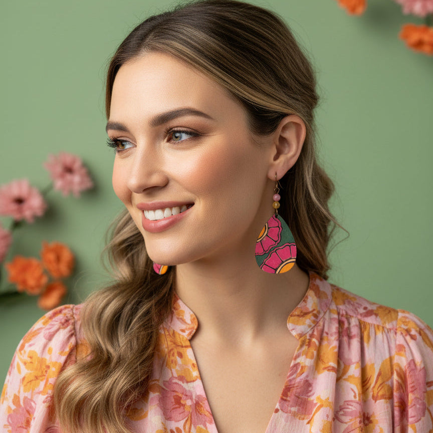 Earrings | Teardrop | Pink Sunflowers | Yellow Citrine | PinkQuartz | 3”