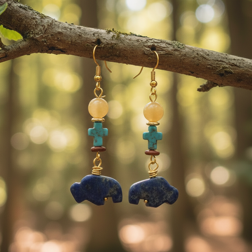 Drop & Dangle Earrings with Citrine, Red Jasper, and Turquoise Crosses featuring Carved Lapis Buffalo 2.5”