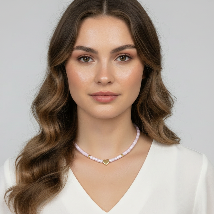 Necklace | Heart | 18K Gold-filled |Rose Quartz | Tube Beads | 16"