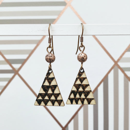 Earrings | Zentangles | Triangle Shape | Triangle Design | Copper-plated Lavastone | Wood-burned | Small Size | 1.5"