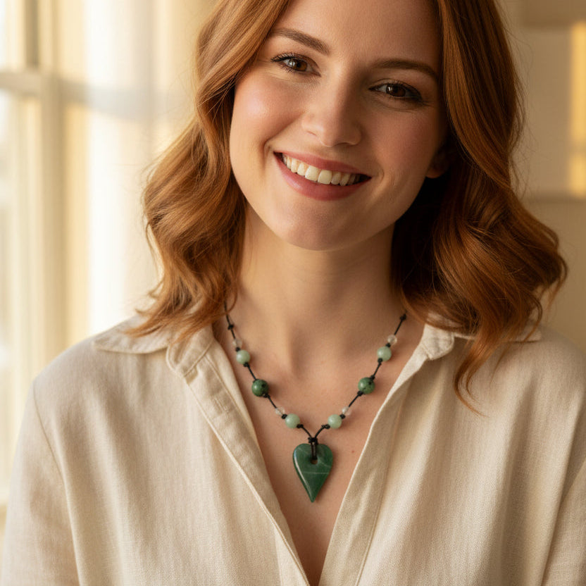 Leather Necklace | Green Aventurine Heart Pendant | Green Jade Beads | Misty Agate Beads | 16" |  2” Extention