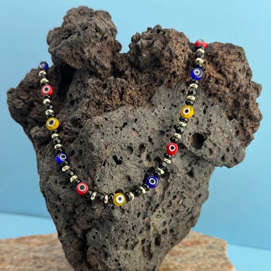 Necklace | Multi-colored Evil Eye Glass Beads | Onyx Gemstones | Silver Plated Hematite | 16"