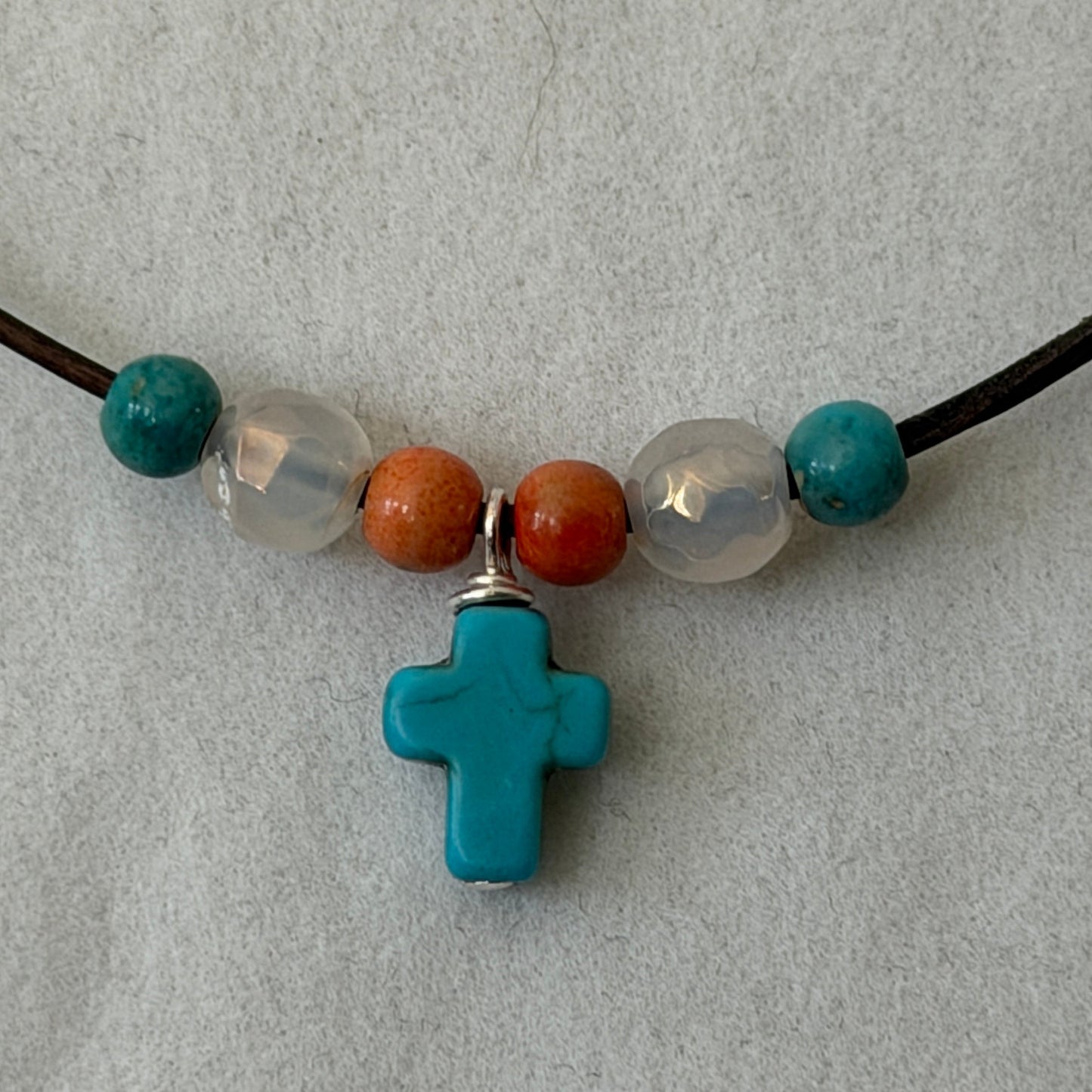 Necklace | Leather | Minimalist | Turquoise Magnesite Mini-Cross | Misty Agate Beads | Spiny Oyster | 14” | 2” Extension