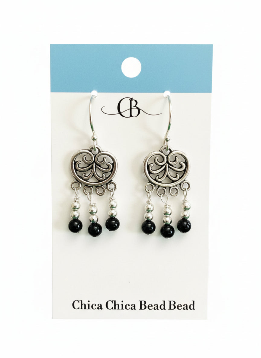 Earrings | Black Onyx | Chandelier | Dangle | Antique Silver | 1.5"