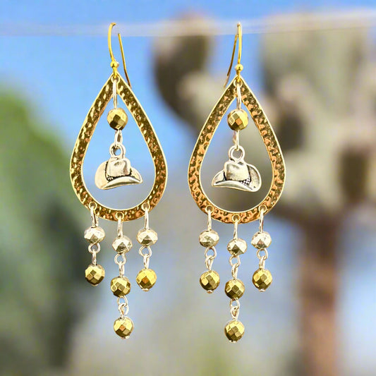 Southwest Chandelier Earrings with Cowboy Hat Charms 3.5"