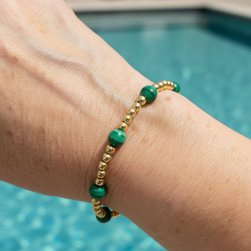 Gorgeous Green Malachite Bracelet with 18K Gold-filled Ball Spacers 7"