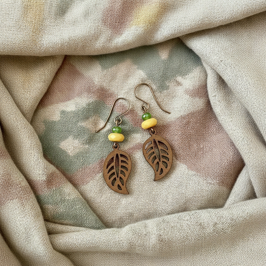 Earrings | Wooden Leaf Charms | Yellow Jade Gemstone | Green Jade Gemtone | 2.5"