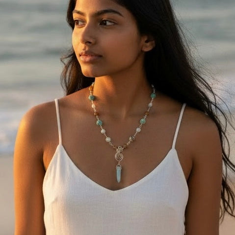 Necklace | Amazonite | Wire-wrapped | Handmade Spiral Connector |  | 17"