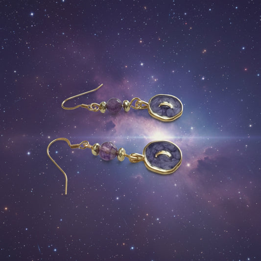 Earrings | Amythest | Enamel Moon Charm | 2"