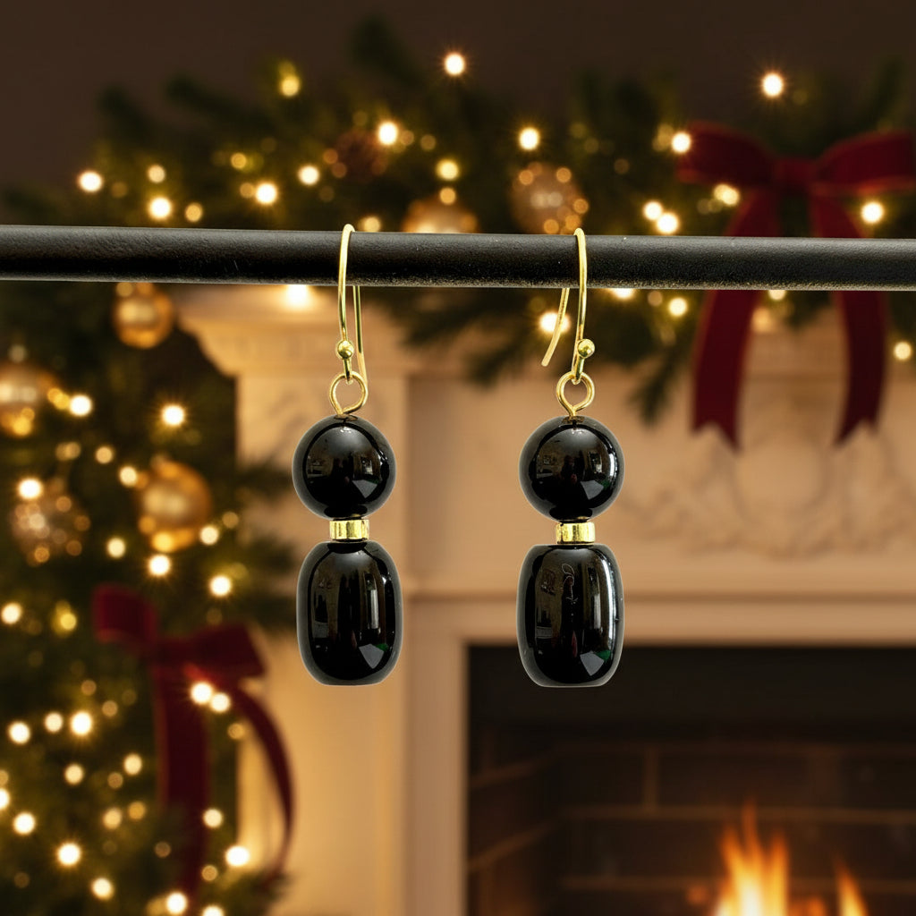 Earrings | Onyx Gemstones | 18K G-plated Discs | 1.5"