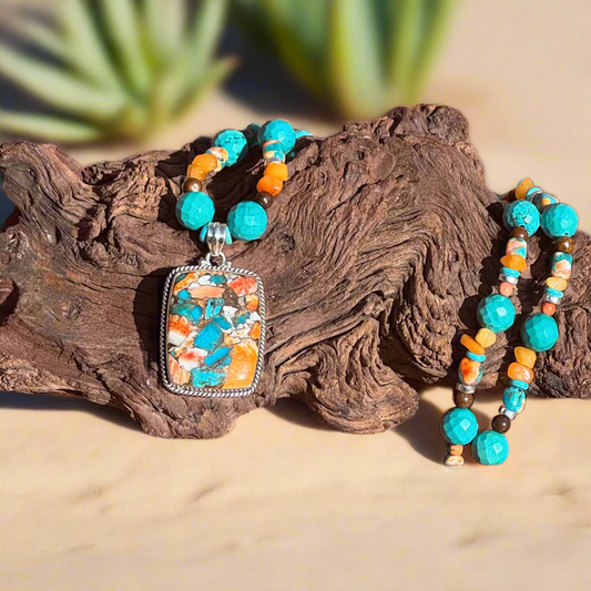 Unique Necklace with a 925 Silver,  Spiny Oyster Turquoise, Copper, and Amber Gemstones 26”