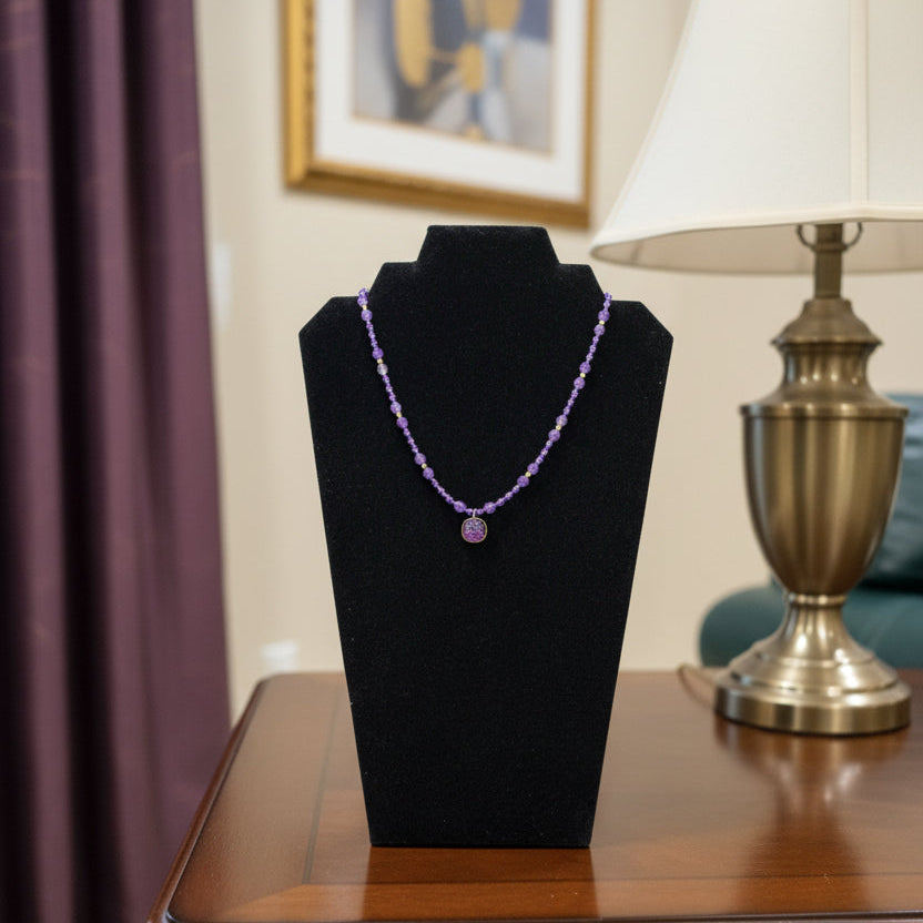 Dainty Purple Amethyst Necklace with a Carved Square Charm 16” with 2” Extension