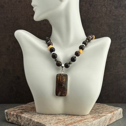 Amazing Necklace with Native Fall Colored Beads & a Pietersite Pendant 22"