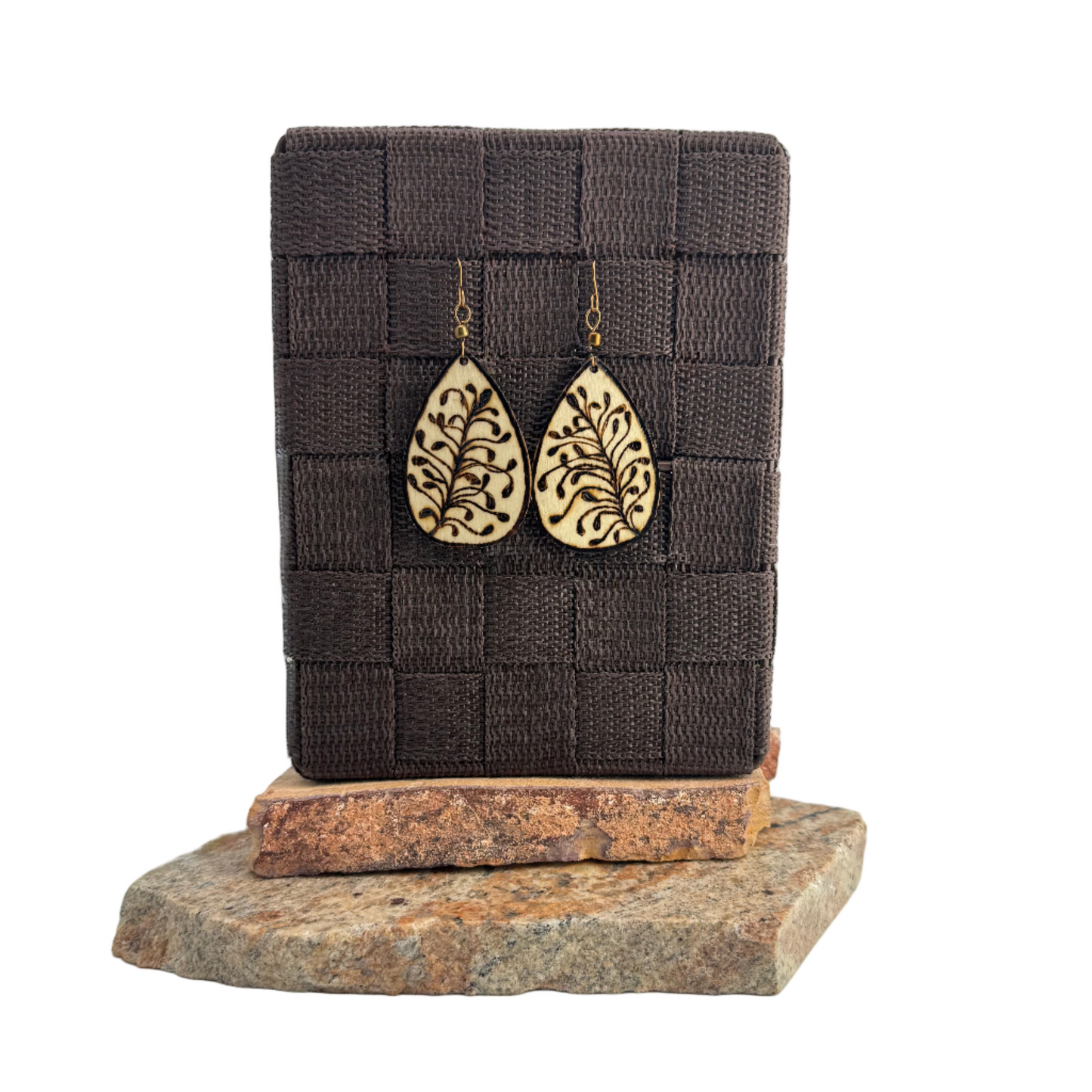 Earrings | Teardrops | Zentangled Fern | Woodburned | Antique Copper Bead | 2.5"