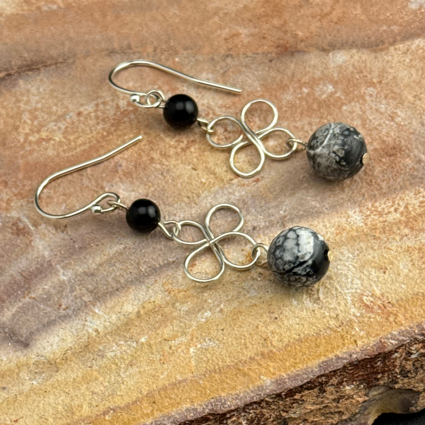 Earrings | Gray and Black Onyx Gemstones| Drop & Dangle | Clover | 1.75"