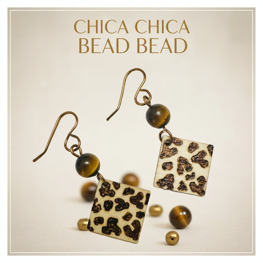Earrings | Zentangles | Square Shape  | Cheeta Design | Wood-burned | Tigereye Gemstone | Small Size | 1.5"