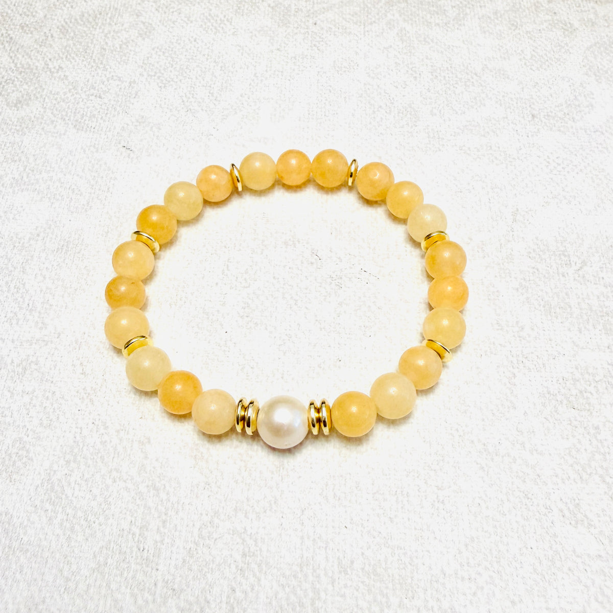 Bracelet | Freshwater Pearl | Yellow Jade Gemstones | 18K Gold-plated Saucer beads | Stretch