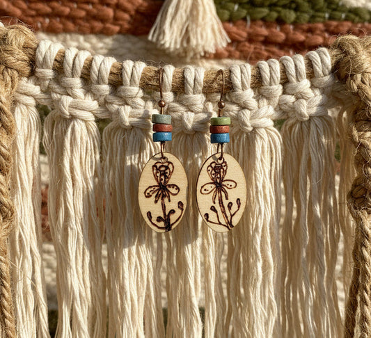 Earrings | Zentangles | Oval Shape | Flower Design | Multi Colored Flat Spacer Beads | Wood-burned | 1.5”