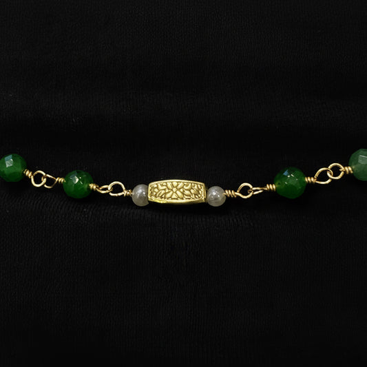 Green Jade Necklace with Decorative Matte Gold Beads| 18” plus 2” Extension