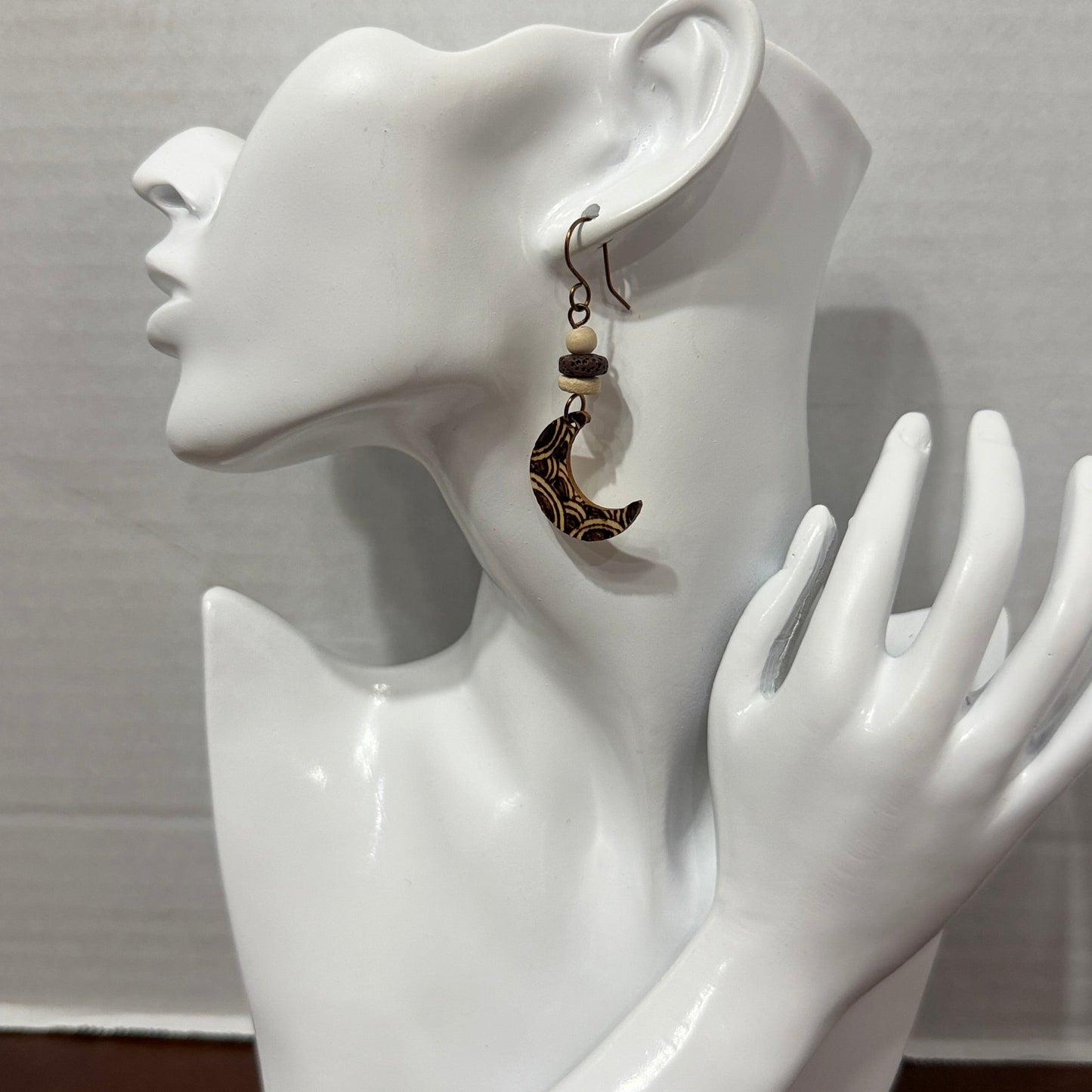 Earrings | Moon Shape | Wood-burned | Small | Lava Stone | 2.25