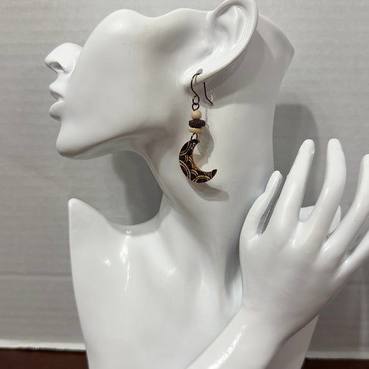 Earrings | Moon Shape | Wood-burned | Small | Lava Stone | 2.25