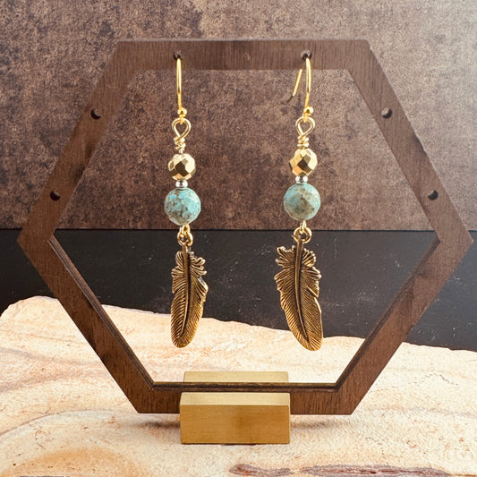 Magnesite Turquoise & Gold Feather Earrings 2.5" I