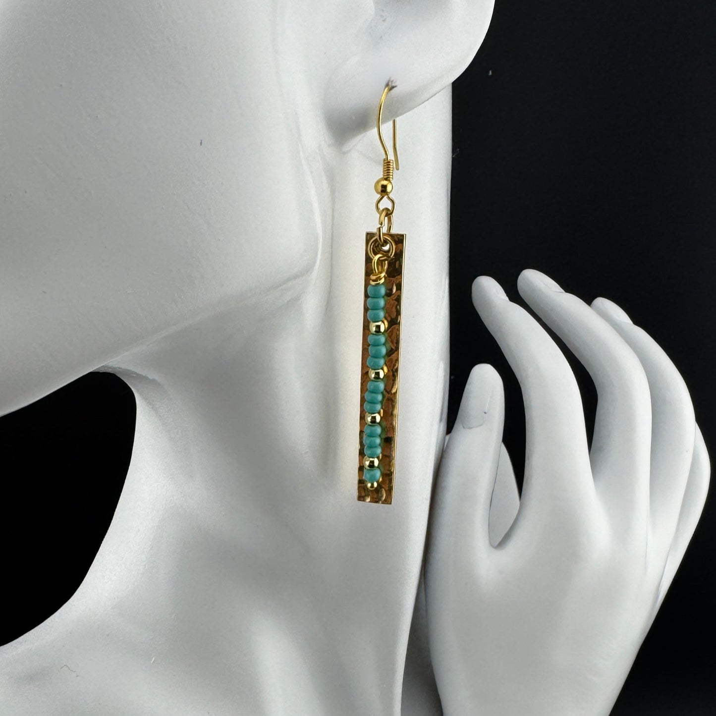 Gold Hammered Bar with Turquoise Glass Beads and Gold Beads