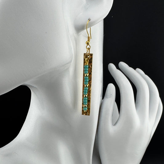 Gold Hammered Bar with Turquoise Glass Beads and Gold Beads