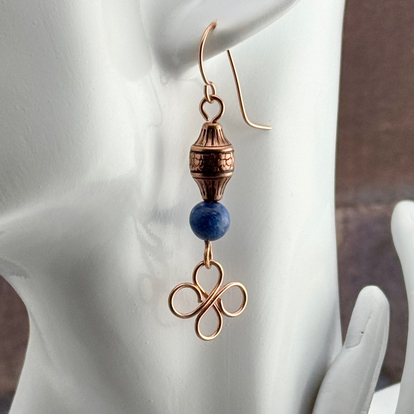 Earrings : Sodalite Gemstones |  Wire-Wrapped Clover Designs | Copper-plated Decorative Beads | 2.5"