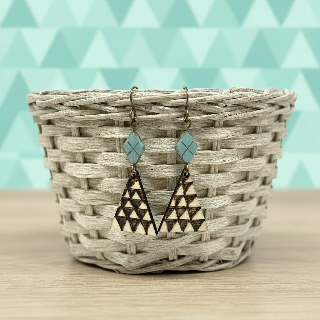 Earrings | Zentangles | Triangle-shaped | Triangle Design | Wood-burned | Czech Diamond Shaped Glass Bead | Small Size | 1.5"