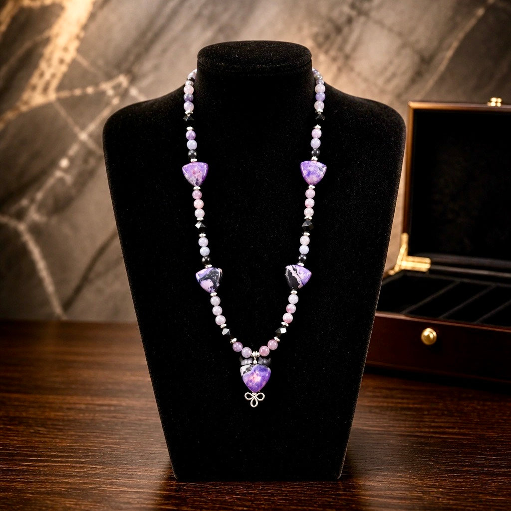 Necklace | Purple Lepidolite | Faceted Onyx | Silver-plated Spacer Beads | 18"