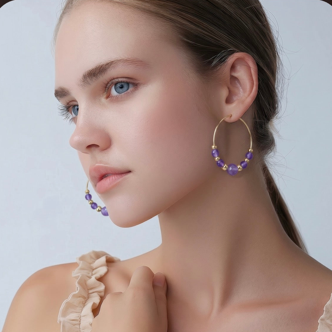 Amethyst and 18K gold-Beaded Hoops  1.25”