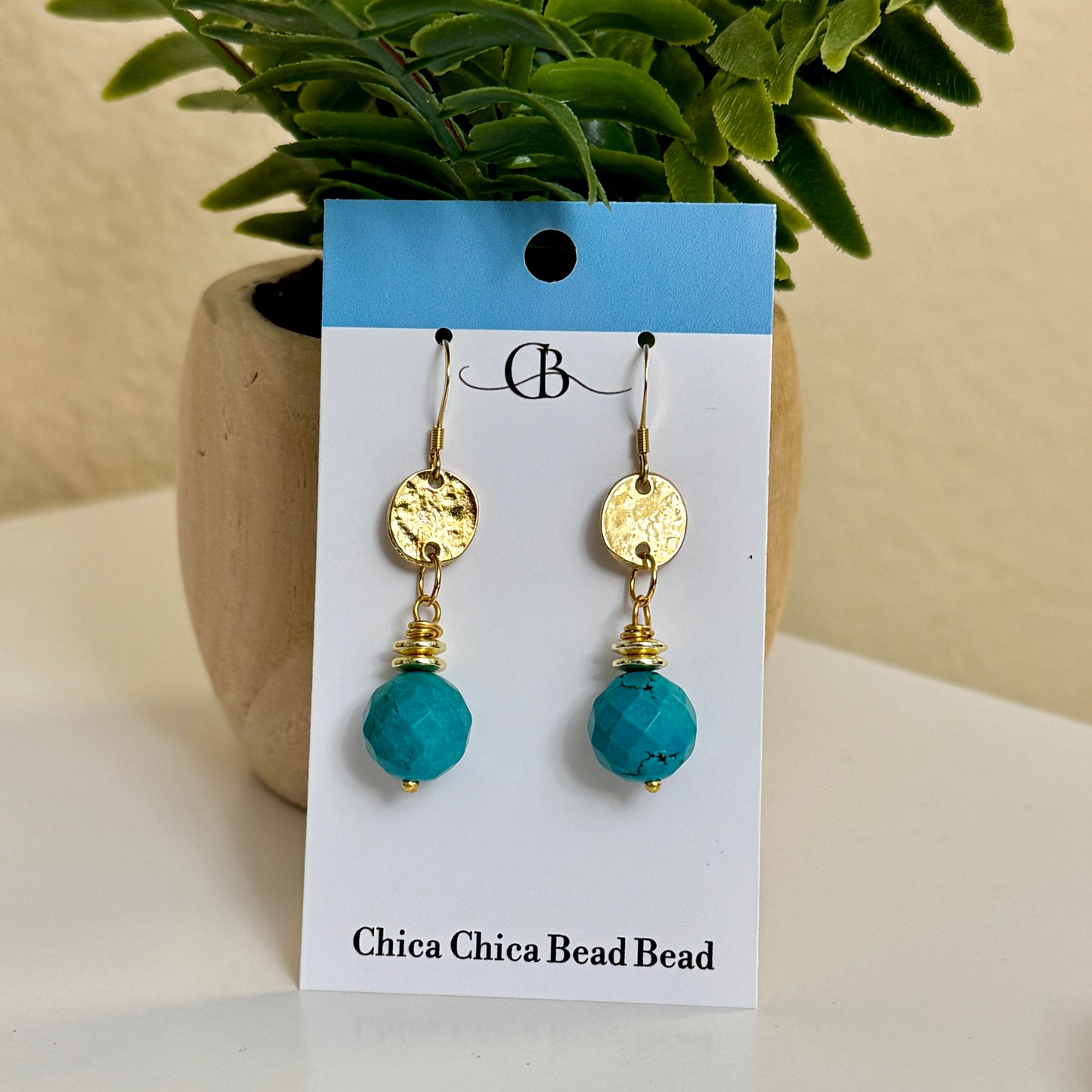 Earrings | Turquoise Gemstones | 18K Gold-plated Flat Spacers | Hammered Findings | 2"