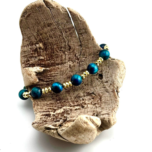 Bracelet | Teal Tigereye Gemstones | 18K Gold-plated Spacer Beads | Triple Disc Bracelet