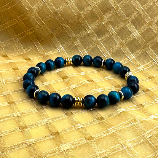 Teal Tigereye Gemstones | 18K Gold-plated Spacer Discs | Triple Spacers | Bracelet